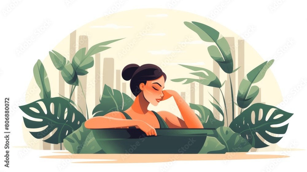 Holistic spa retreat cartoon illustration - Generative AI. Swimming, pool, spa, woman, nature. Holistic spa retreat cartoon illustration - Generative AI. Swimming, pool, spa, woman, nature.