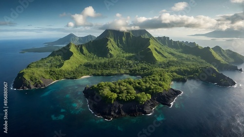 Aerial view of a battle island with a volcano photo