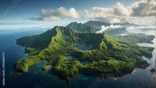 Aerial view of a battle island with a volcano