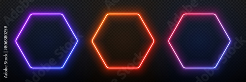 Hexagon neon light frame. 3d glow gradient geometric shape. Led laser border. Fluorescent template for design with text.