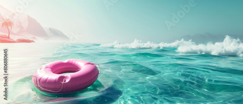 Pink lifebuoy floating in the sea or ocean. Saving life concept. Summer vacation, journey mockup. Seascape. Generative ai