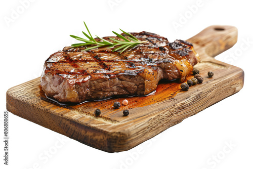 Juicy steak sizzling on a wooden cutting board, with white background