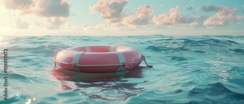 Pink lifebuoy floating in the sea or ocean. Saving life concept. Summer vacation, journey mockup. Seascape. Generative ai © Inai