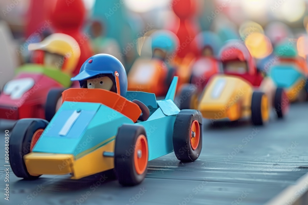 A group of toy cars are racing down a track, Children’s Concept.