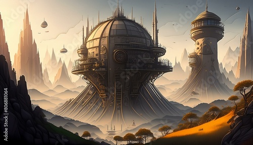どこかの宇宙で繁栄する文明の近未来的な都市の風景 photo