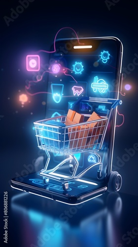 smartphone with shopping cart on dark blue background 3d-illustration