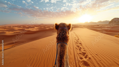 sunrise in the desert riding a camel. sunet in the desert in Morocco riding a camel. POV of riding a camel in the sahara. photo