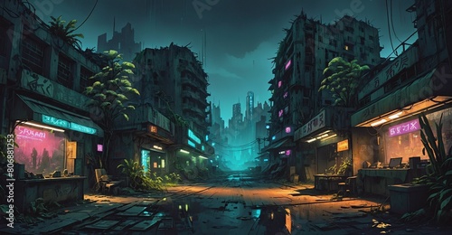 Gothic cyberpunk dystopian overgrowth city at night. Market district with bar and vendor shops and stalls. Abandoned, aged, old overgrown town building exteriors. Wasteland slum dark cityscape.