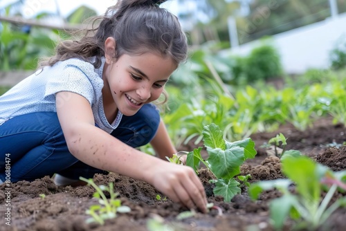 happy schoolgirl planting vegetables in garden sustainable education aigenerated image