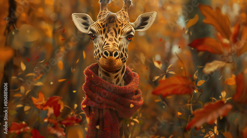 Endearing Giraffe Character in Warm Scarf: A Charming Autumn Scene Perfect for Cards and Prints