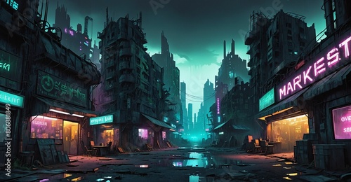 Gothic cyberpunk dystopian overgrowth city at night. Market district with bar and vendor shops. Abandoned, aged, old overgrown town building exteriors. Wasteland slum dark cityscape.