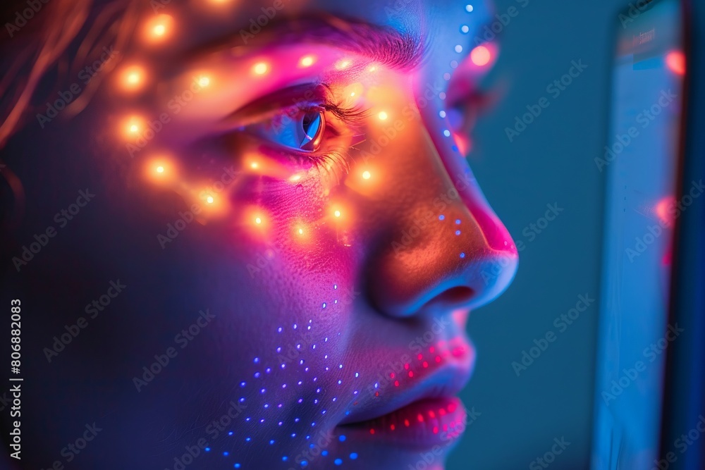 Biometric authentication using facial recognition technology, A person s face illuminated by the soft glow of a device screen, verifying identity. Biometric authentication using facial recognition technology, A person s face illuminated by the soft glow of a device screen, verifying identity.