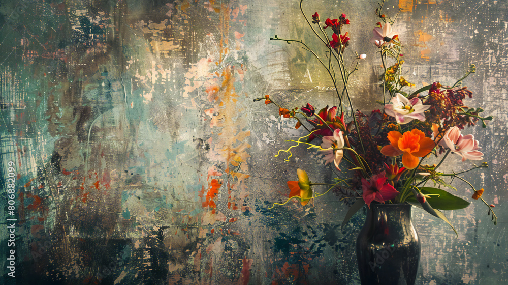Vibrant Abstract Canvas: A Dazzling Display of Metallic Elements and Textured Backdrop with a Bouquet of Flowers in a Vase