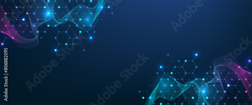 Molecular abstract structure and genetic engineering DNA. Healthcare and medicine background concept. Scientific research background. Wave flow. Innovation pattern. Vector illustration.