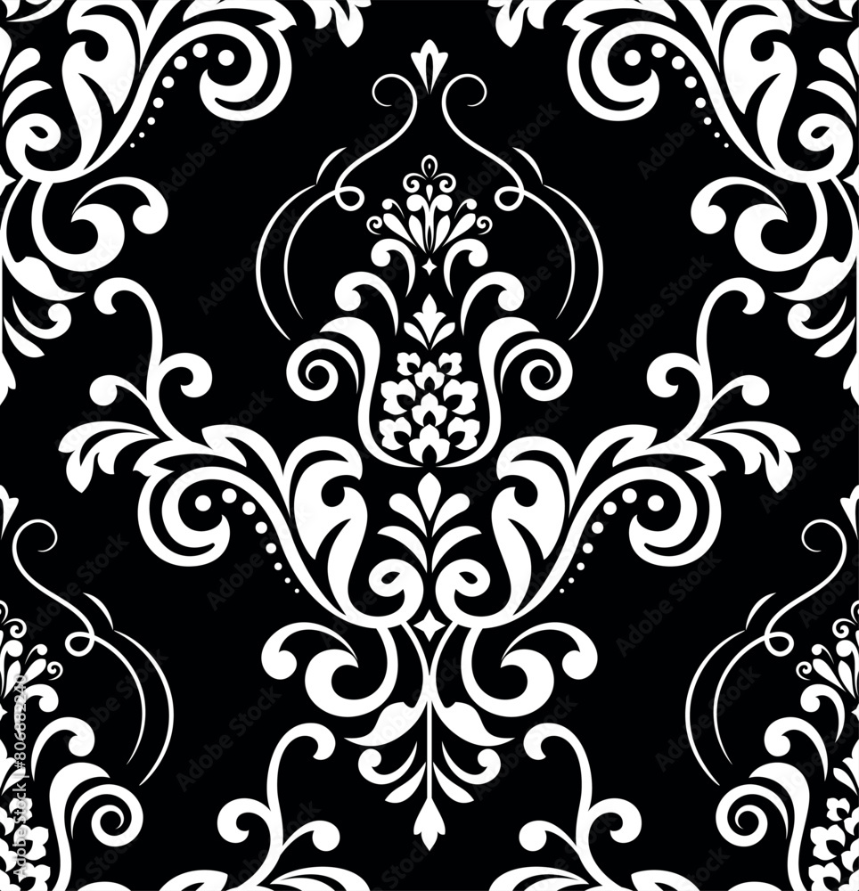 Wallpaper in the style of Baroque. Seamless vector background. White and black floral ornament. Graphic pattern for fabric, wallpaper, packaging. Ornate Damask flower ornament. Wallpaper in the style of Baroque. Seamless vector background. White and black floral ornament. Graphic pattern for fabric, wallpaper, packaging. Ornate Damask flower ornament.