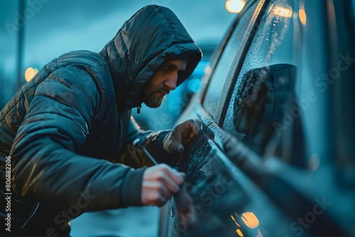 hooded car thief attempting to break vehicle lock with screwdriver illustrating auto theft and insurance concept photo