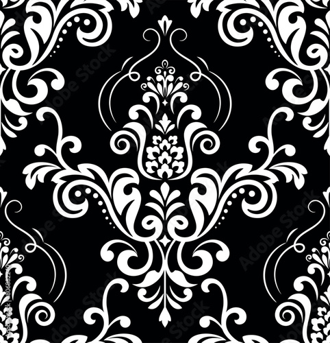 Wallpaper in the style of Baroque. Seamless vector background. White and black floral ornament. Graphic pattern for fabric, wallpaper, packaging. Ornate Damask flower ornament.