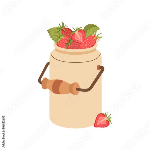 Can with strawberries. Iron basket full with strawberries. Farm symbol, berries in metal pail, vitamin and summer object. Gathered harvest in flat design style. Vector flat illustration.