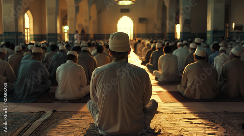 Devout Muslims Engaged in Prayer at a Majestic Mosque. A serene moment captured inside a mosque showing a group of Muslims deeply engaged in prayer, with focus on one individual in a peaceful, spiritu