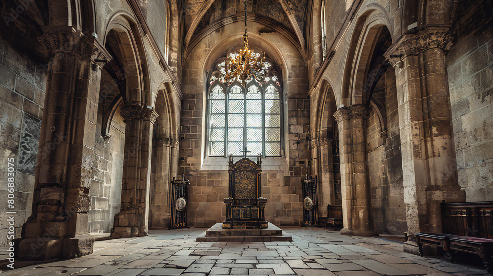 Majestic Throne in the Center of a Medieval Building: A Focal Point of Symmetry and Architectural Grace