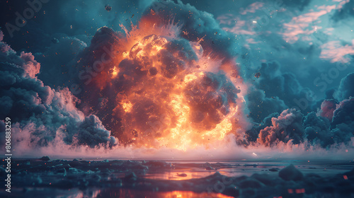 Explosive Image of a Nuclear Bomb Detonation  Fiery Blast with Mushroom Cloud and Devastation  Catastrophic Warfare  Generative Ai  