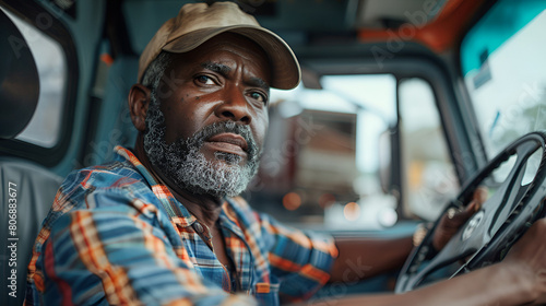 Middle-Aged African Trucker Driving a Truck and Delivering Goods on Highway, Transportation and Logistics Concept, Generative Ai   © Dzynee