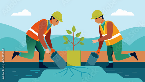 The construction crew installs a layer of root barrier to prevent plant roots from trating the waterproof membrane.. Vector illustration