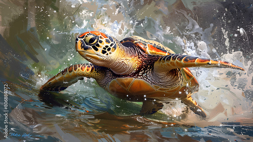 Vibrant Oil Painting of Sea Turtle Swimming in Ocean Depths, Artistic Type H Generated by AI, Underwater Wildlife Portrait, Generative Ai
