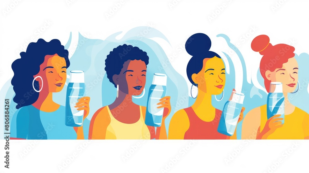 Hydration focus cartoon illustration - Generative AI. Woman, bottle, water, colorful. Hydration focus cartoon illustration - Generative AI. Woman, bottle, water, colorful.