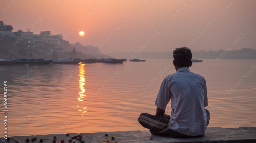 Fototapeta premium A man enjoying a peaceful moment by the Ganges river in Varanasi, India