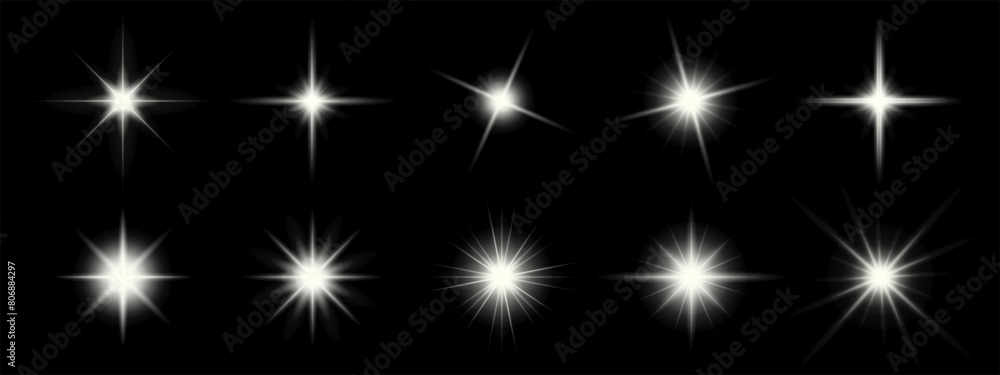 Set of sparkling stars on black background. Glow effect. Christmas concept. Festive lights. Vector EPS 10 Set of sparkling stars on black background. Glow effect. Christmas concept. Festive lights. Vector EPS 10