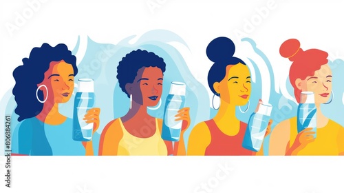 Hydration focus cartoon illustration - Generative AI. Woman, bottle, water, colorful.