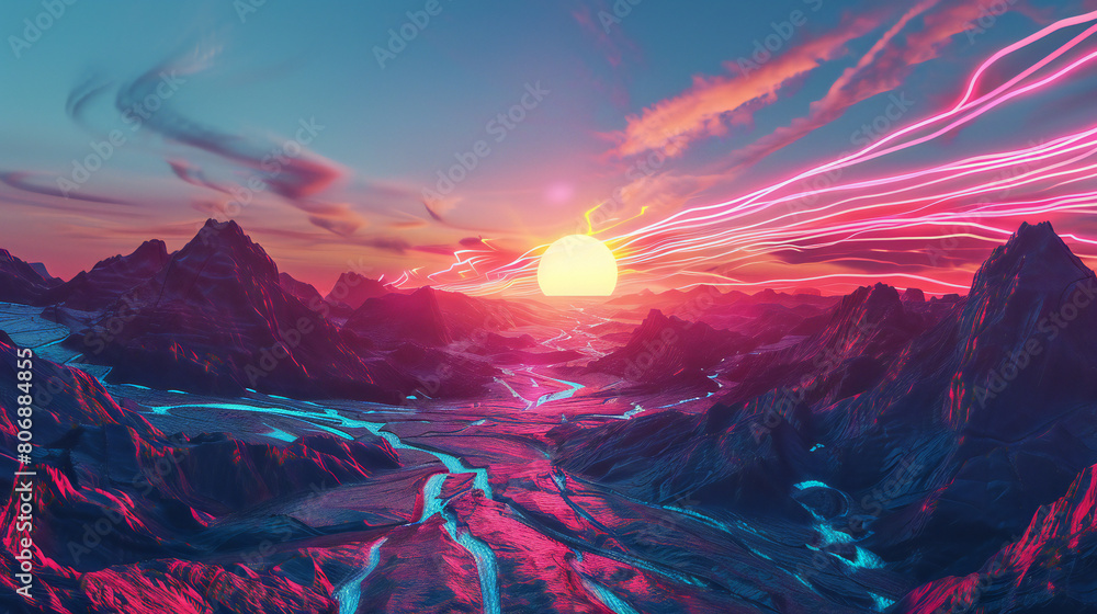 Fantastical Sunset Landscape: Panoramic 3D Render of Surreal Mountains, Glowing Neon Energy, and Abstract Motion Under a Vibrant Sky