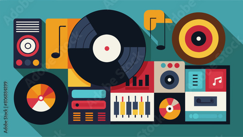 The producers record collection extends beyond just music with spoken word and sound effect vinyls tered a the mix showcasing their experimental side. Vector illustration