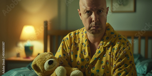 Man with pouting face in pajamas in a children's room holding a teddy bear, suggesting he is immature and lives with parents photo