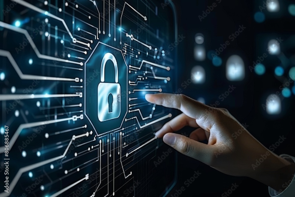 Fototapeta premium Secure enterprise data with robust encryption technology and secure communication protocols, employing password protection and secure APIs for enhanced cyber protection.