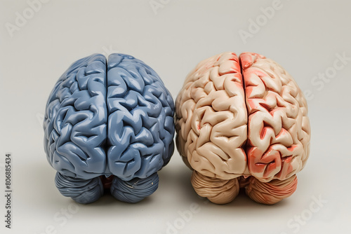 A blue human brain next to a regular human brain on a white backround