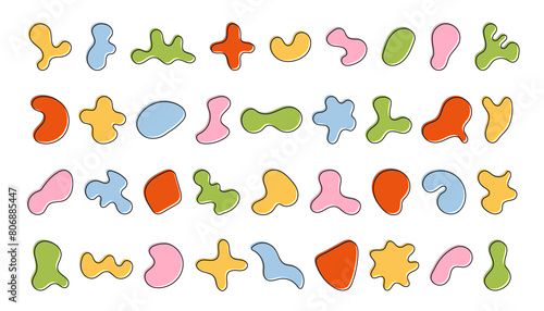 Abstract colorful shapes with stroke, organic blobs and blotch of irregular shape. Big Inkblot silhouettes set, simple liquid element. Flat vector illustration
