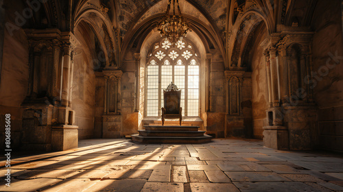 Majestic Throne in Medieval Building  A Symmetrical Masterpiece Reflecting Architectural Beauty
