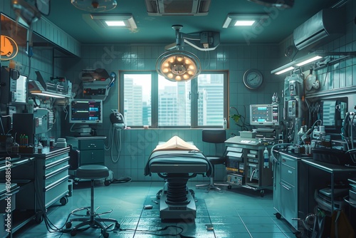 A surgical room with a bed and a bright surgical light photo