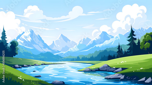 Digital mountain and river flat illustration graphic poster background © yonshan