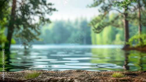 Fototapeta Naklejka Na Ścianę i Meble -  Beautiful lake view with trees. Summer background with copy space.