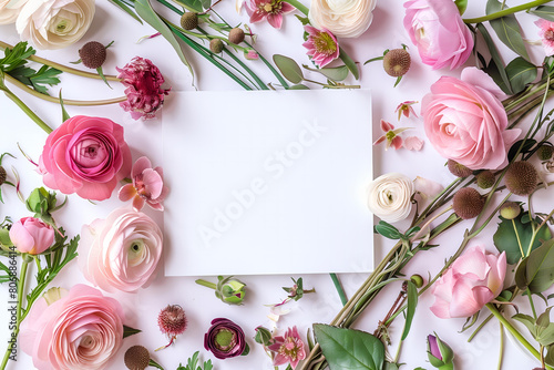 Photorealistic image of a sheet of white paper on a background of delicate flowers, Wedding Concept, congratulations and invitation, blank blank letterhead for invitation text among pink flowers