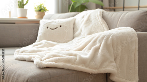 A cozy throw blanket with a smiling face, inviting you to snuggle up and relax on the couch.