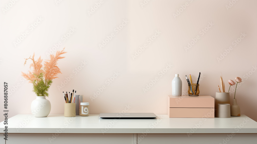 working desk on clean pastel light and white isolated background working desk on clean pastel light and white isolated background