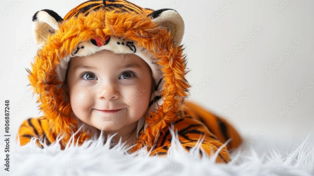 a Child in tiger costum on white background. a Child in tiger costum on white background.