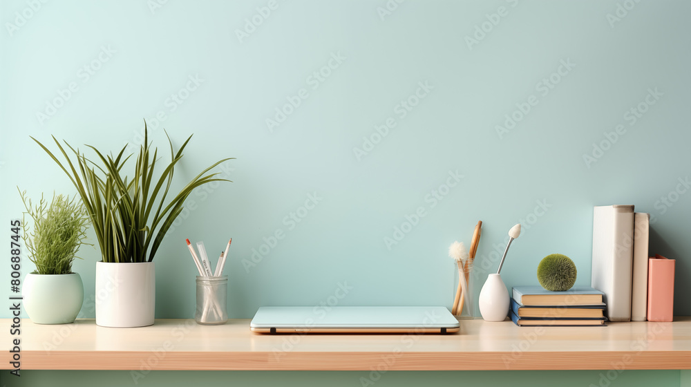 working desk on clean pastel light and white isolated background working desk on clean pastel light and white isolated background