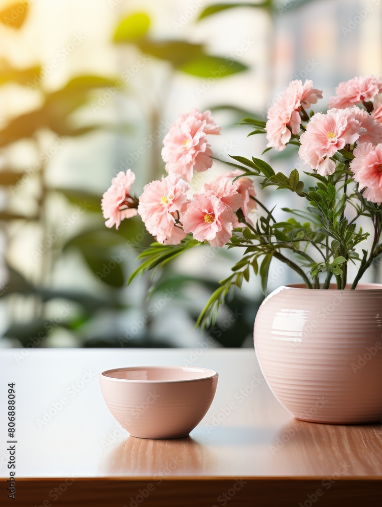 Fototapeta premium A pastel pink vase filled with blooming flowers sits elegantly on a wooden table, illuminated by soft sunlight filtering through a nearby window in a cozy indoor space