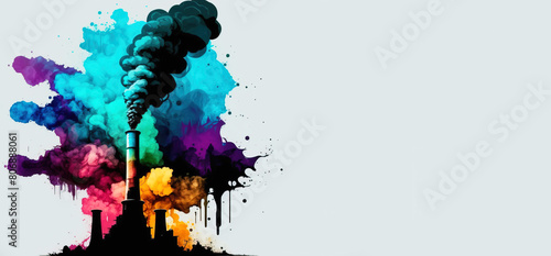 Ecology pollution, smoke from pipe on white background, graphic multi-colored isolate. AI generated.