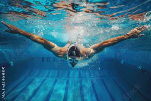 a view of an swimmer swimming with googles and swimming cap in the swimming pool in summer